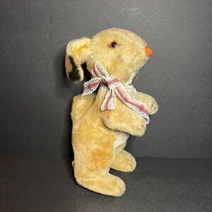 Vintage 1950s Maruei Toys Hay Stuffed Mohair Bunny Rabbit w/ Bell & Bow 9"